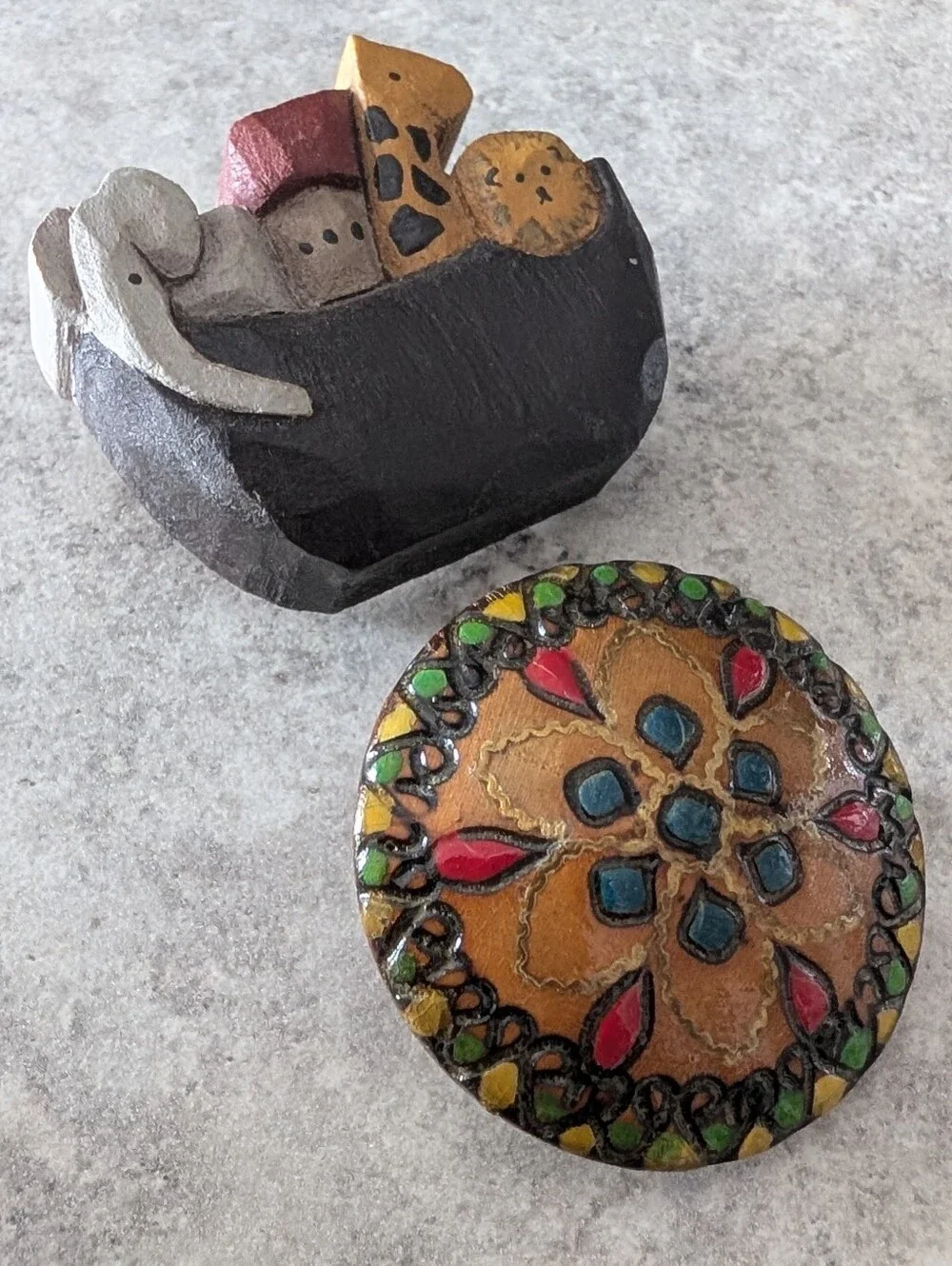 Handcrafted Wooden Brooch Set, Ark With Animals And Floral Mandala
